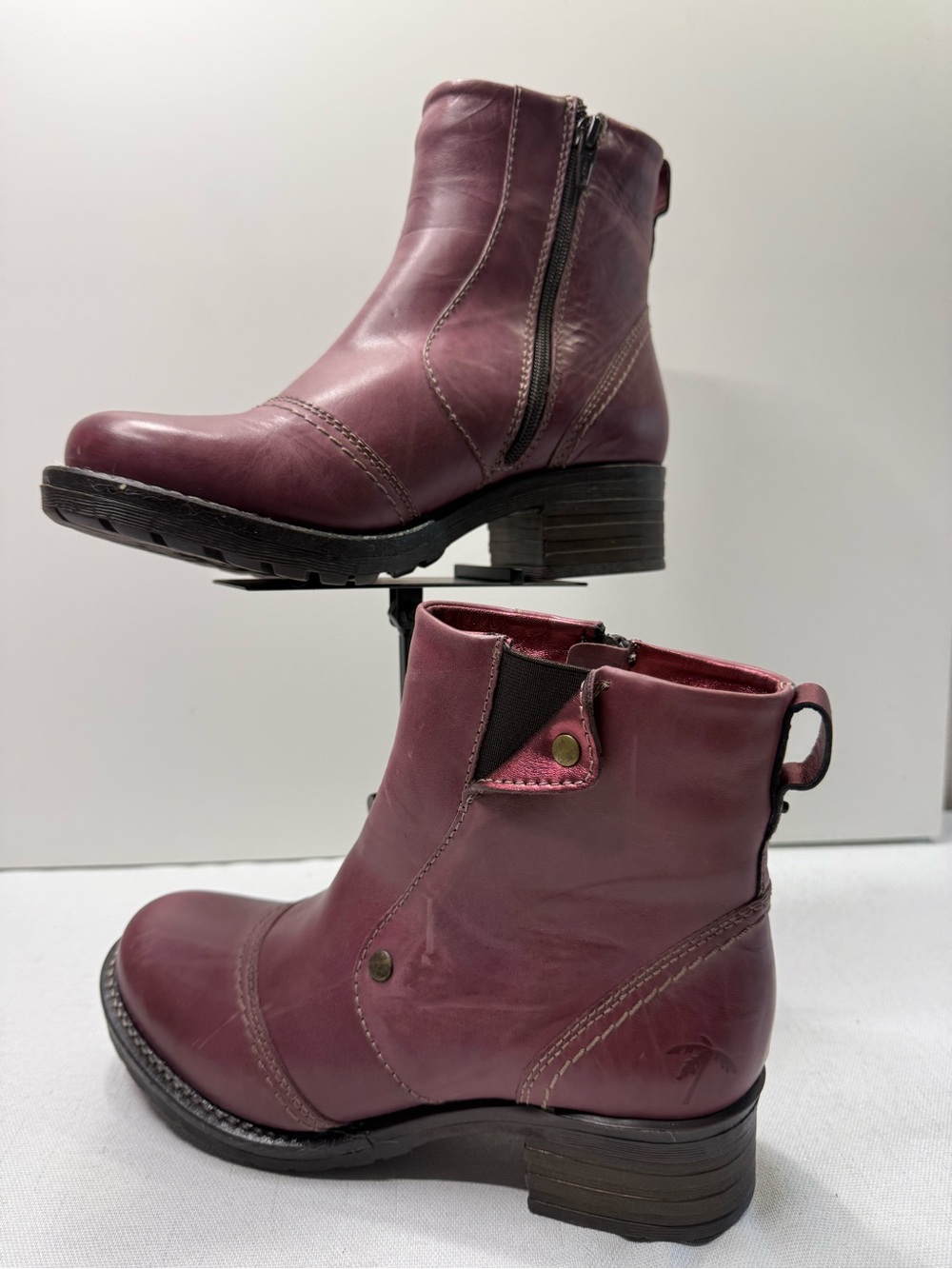 Dromedaris Burgundy Leather Ankle Boots Side Zip Women’s Size 37 EU